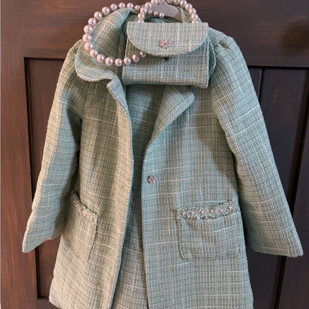 Rachel Zoe Girls' Mint Green Tweed Pea Coat with Pearl Trim